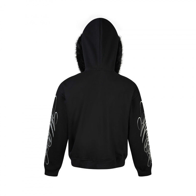 Unisex Oversize-Kapuzenjacke mit Kunstfellbesatz, Reißverschluss und Grafikärmeln Nord Taschen