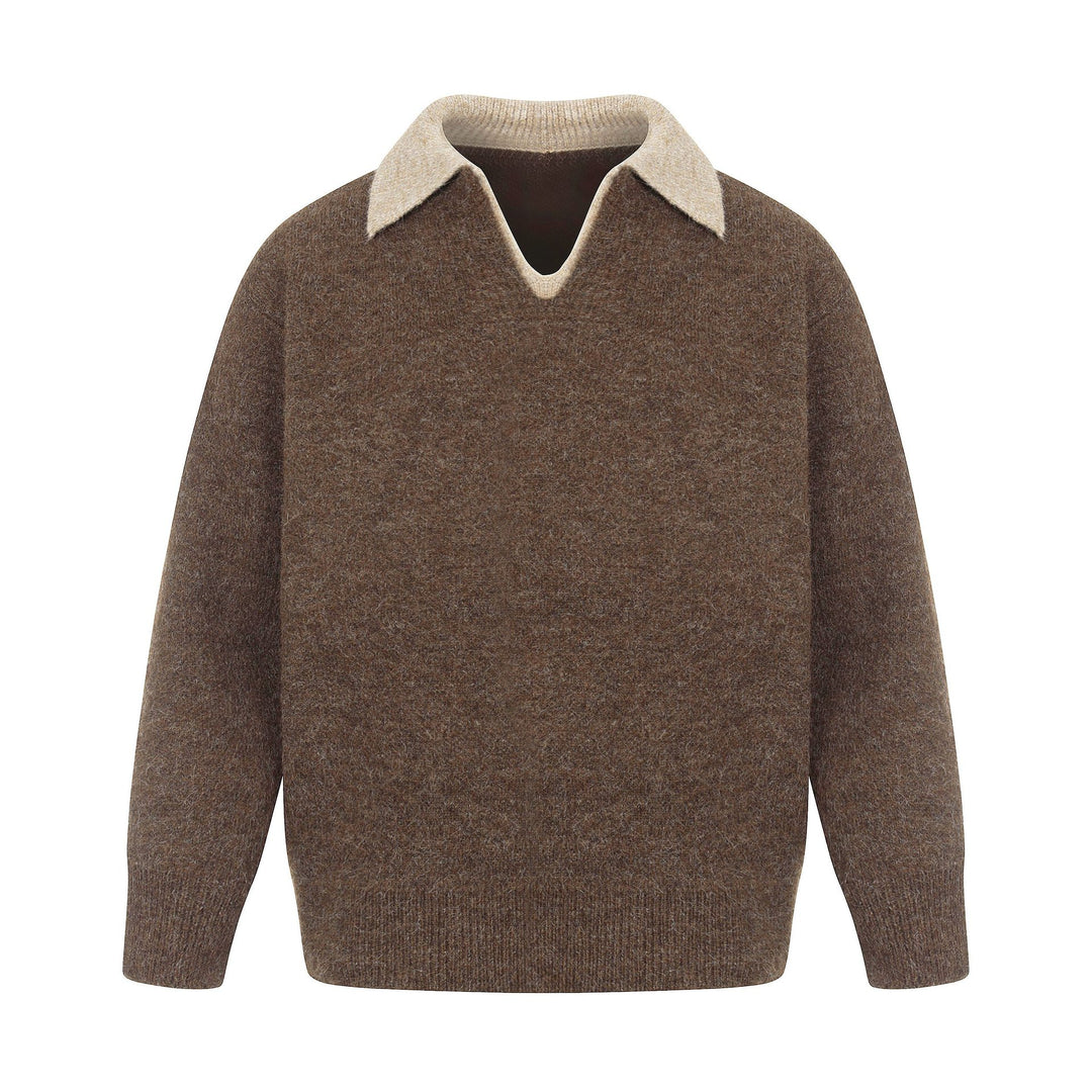 Damen Oversize Wollmix-Pullover mit kontrastpolokragen und V‑Ausschnitt Nord Taschen