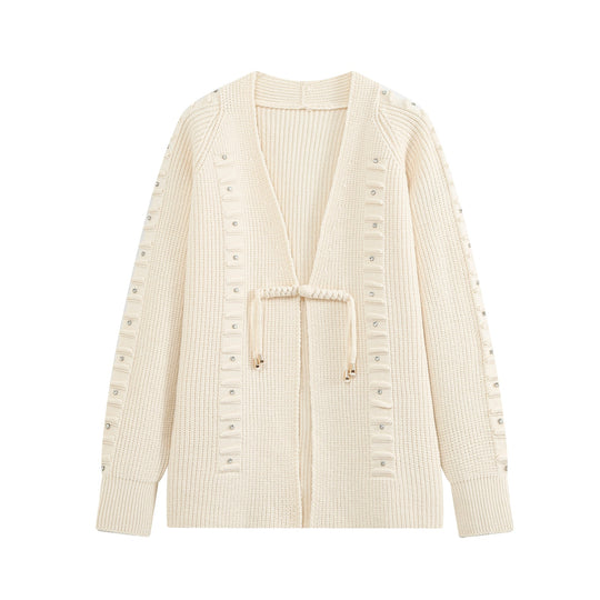 Damen Grobstrick-Cardigan mit Tunnelzug und Strassapplikation Nord Taschen