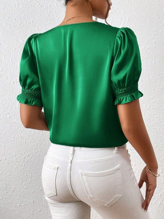 Damen Satinbluse mit Puffärmeln und eleganter Knopfleiste