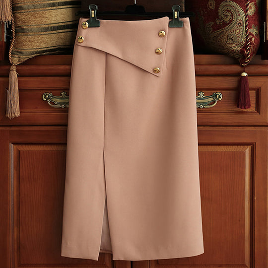 Damen Eleganter Midirock mit asymmetrischem Schnitt und Goldknöpfen Nord Taschen