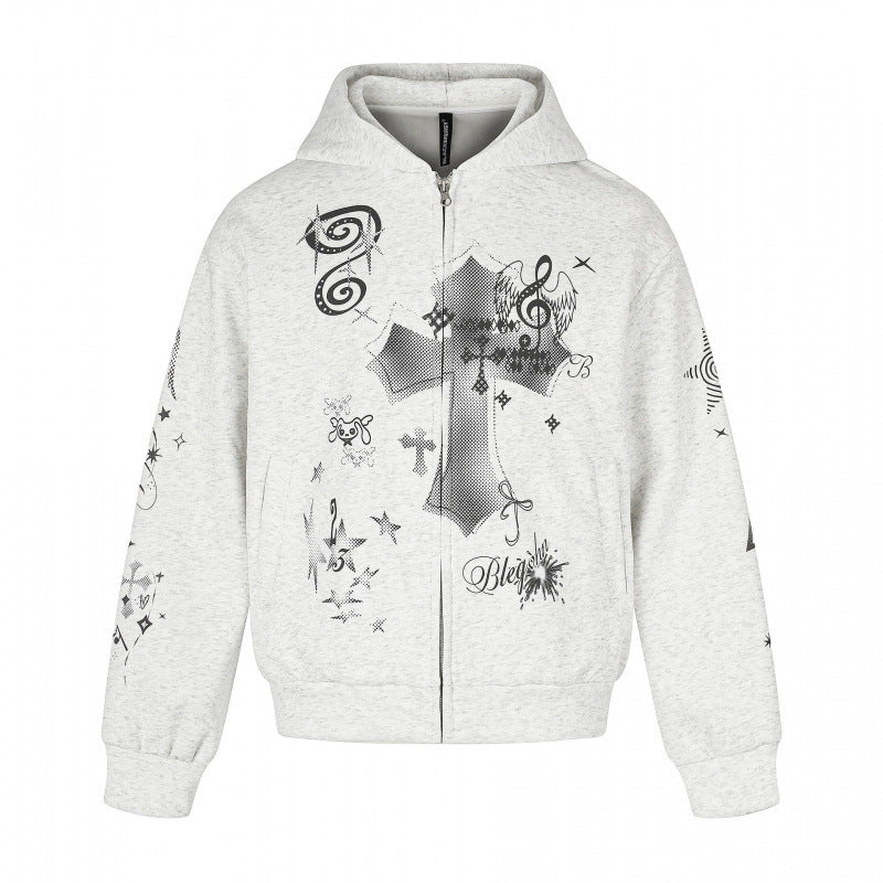 Unisex Oversize-Kapuzenzipjacke mit Allover-Grafikprint, Reißverschluss und geripptem Saum Nord Taschen
