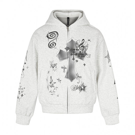 Unisex Oversize-Kapuzenzipjacke mit Allover-Grafikprint, Reißverschluss und geripptem Saum Nord Taschen