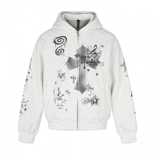 Unisex Oversize-Kapuzenzipjacke mit Allover-Grafikprint, Reißverschluss und geripptem Saum Nord Taschen