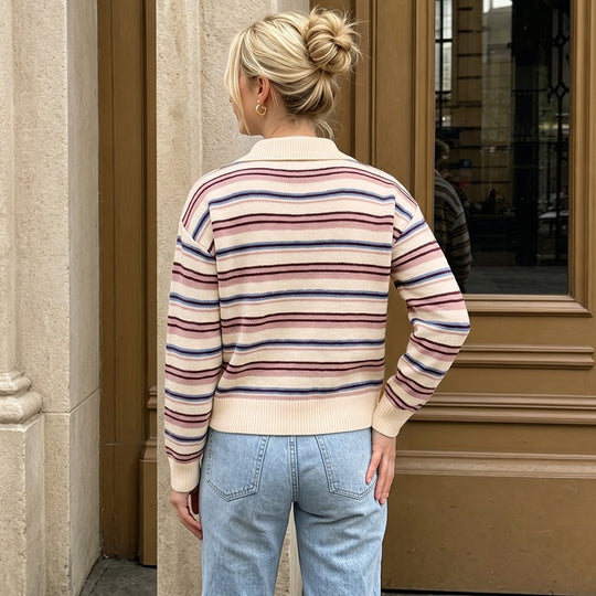 Damen Gestreifter Pullover mit Kragen Nord Taschen
