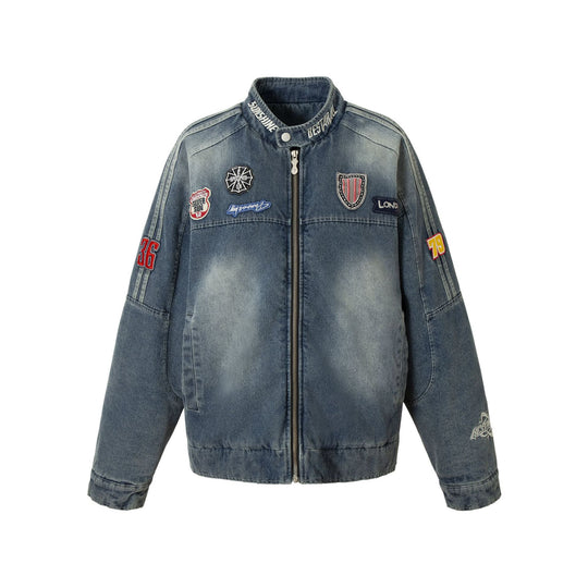 Herren Jeans‑Bomberjacke mit Vintage-Wash, Aufnäherdetail und Stehkragen Nord Taschen