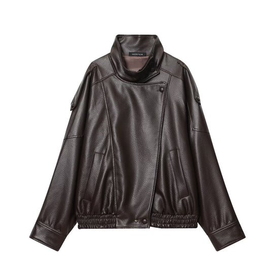 Damen Kurz geschnittene Kunstleder-Fliegerjacke mit hohem Stehkragen und Schulterriegeln Nord Taschen