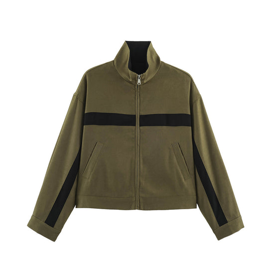 Damen Boxy-Cropped-Übergangsjacke mit Stehkragen, kontraststreifen und Eingrifftaschen Nord Taschen