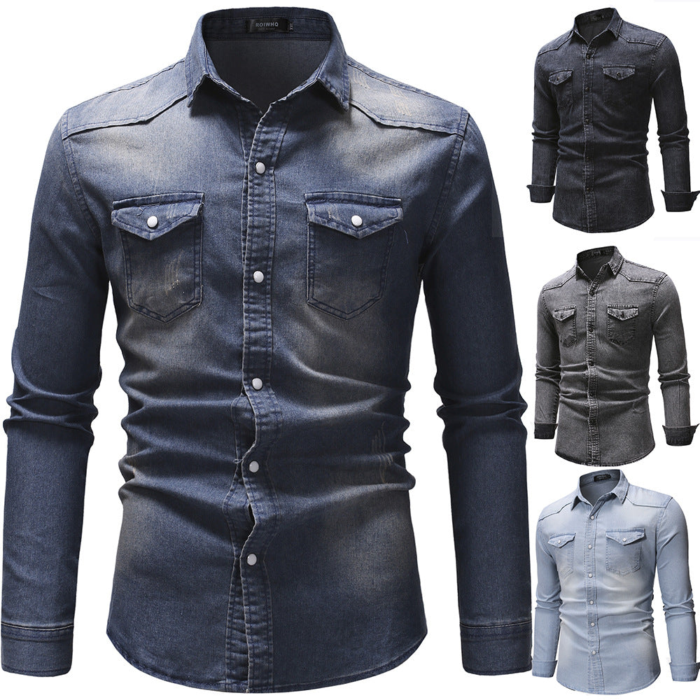 Herren oversized Denim-Hemdenjacke mit geschwungenem Saum und aufgesetzten Pattentaschen Nord Taschen
