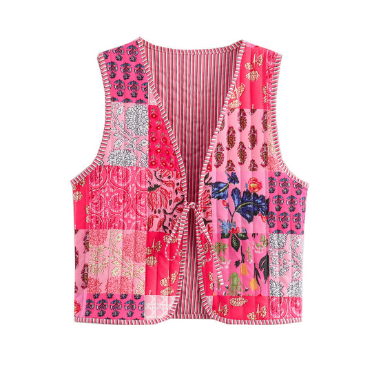 Damen Gesteppte Weste mit Toile‑Print, gestreifter Innenverarbeitung und Kordelbindung Nord Taschen
