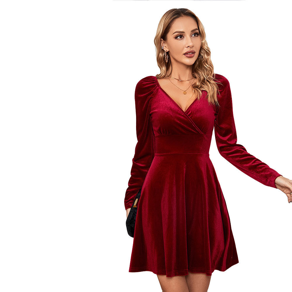 Damen figurbetontes Samt‑Skaterkleid mit Wickel‑V‑Ausschnitt, gerafften Schultern und taillierter Schößchen‑Silhouette Nord Taschen