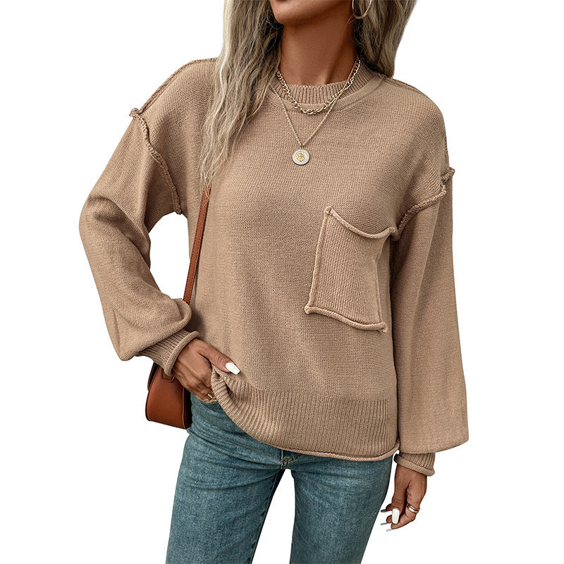 Damen Lässiger Strickpullover mit aufgesetzter Tasche Nord Taschen