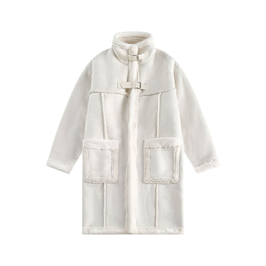 Damen Langer Oversize Lammfell‑Imitat Mantel mit Stehkragen und Schnallenverschluss Nord Taschen