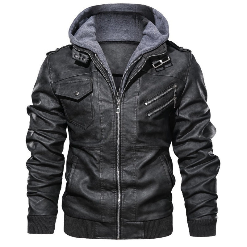 Herren  Kunstleder-Bikerjacke mit abnehmbarer Kapuze, Stehkragen, Schulterpatten und mehrfachen Reißverschlusstaschen Nord Taschen