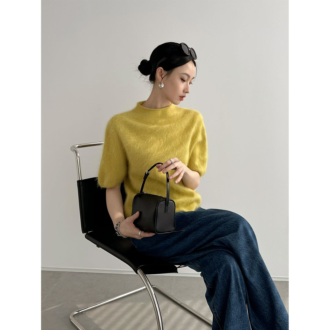 Damen Kuscheliger Mohair-Mix Kurzarm-Pullover mit Stehkragen Nord Taschen
