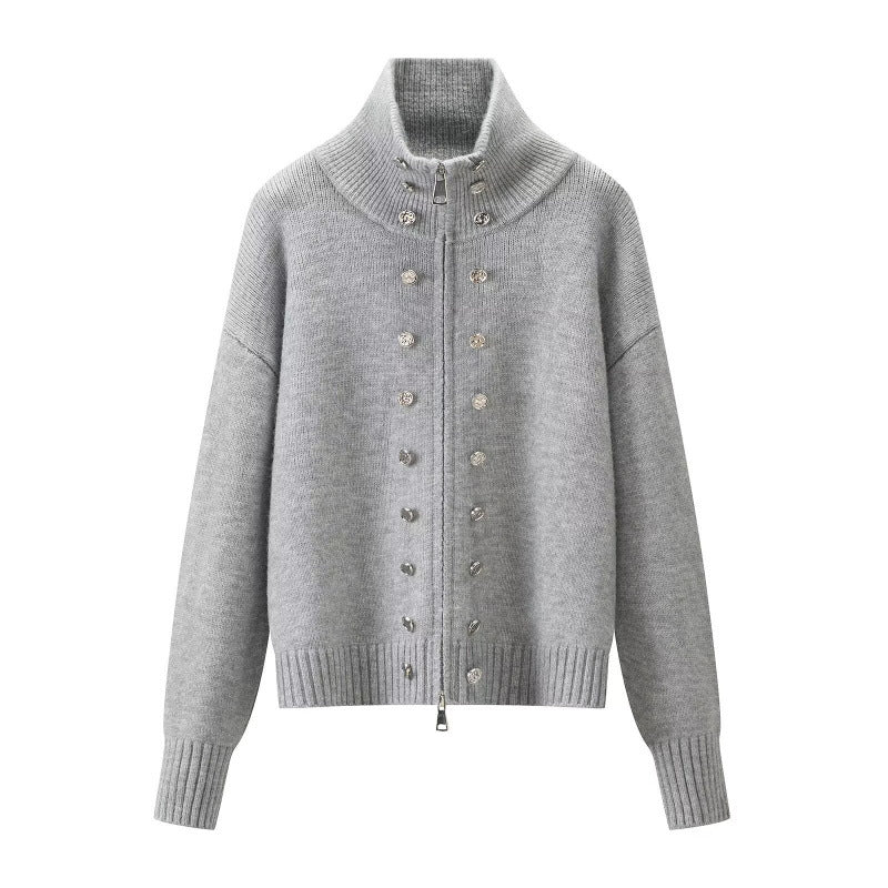 Damen Cropped Strickjacke mit hohem Stehkragen, Zierknopfleiste und Doppelreißverschluss Nord Taschen
