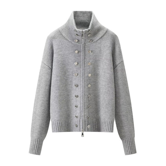 Damen Cropped Strickjacke mit hohem Stehkragen, Zierknopfleiste und Doppelreißverschluss Nord Taschen