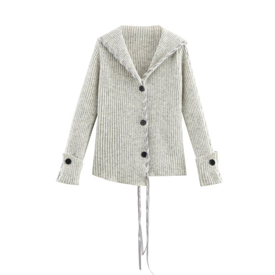 Damen Gerippte Strickjacke mit Matrosenkragen, Zierband‑Schnürung und Knopfleiste Nord Taschen