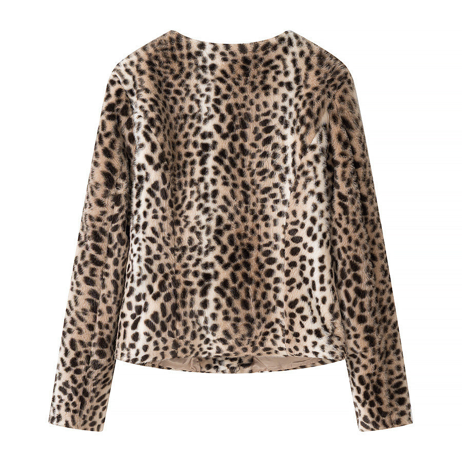 Damen Kurzjacke aus Kunstpelz mit Leopardenmuster und Rundhalsausschnitt Nord Taschen