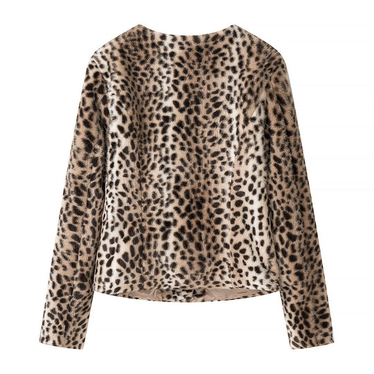 Damen Kurzjacke aus Kunstpelz mit Leopardenmuster und Rundhalsausschnitt Nord Taschen