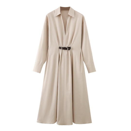 Damen Hemd-Maxikleid mit tiefem V-Ausschnitt, Taillenfalten und schmalem Gürtel Nord Taschen
