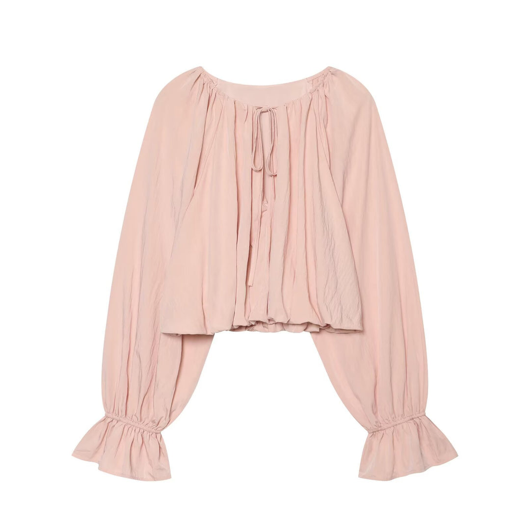 Damen Carmen-Cropped-Bluse mit Tunnelzugkragen, gerafftem Saum und Ballonärmeln Nord Taschen