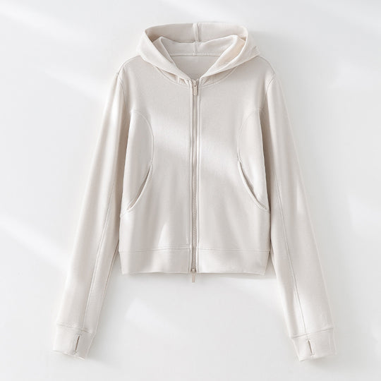 Damen Cropped Kapuzenjacke mit Reißverschluss und konturierten Eingrifftaschen Nord Taschen