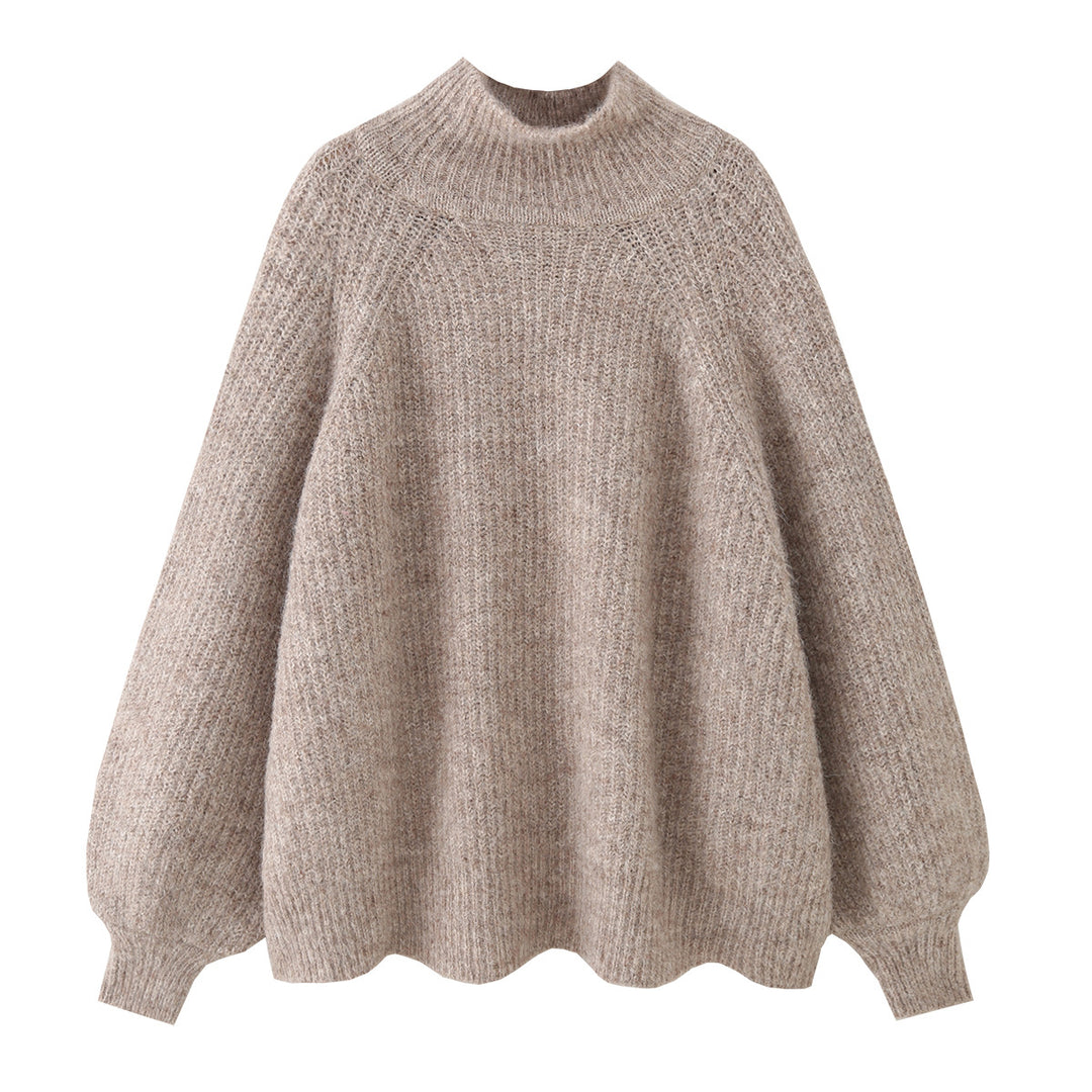 Damen Oversize Mohair-Optik Strickpullover mit Stehkragen und Ballonärmeln Nord Taschen