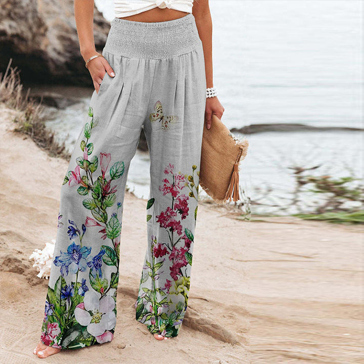 Damen weite Floral-Hose mit elastischem Bund und seitlichen Taschen