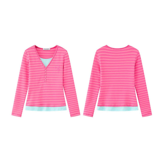 Damen Lagen-Langarmshirt mit Henley-Knopfleiste und kontrastierendem Unterlayer Nord Taschen