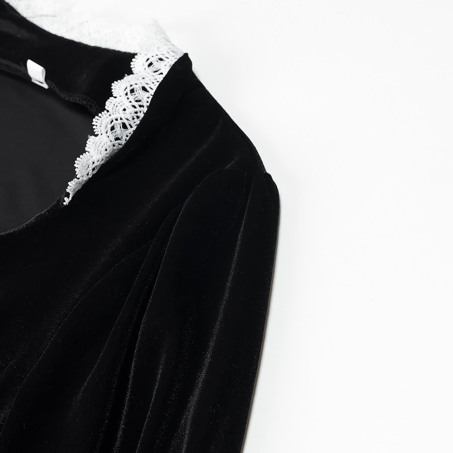 Damen Maxikleid aus Samt mit quadratischem Ausschnitt, Puffärmeln und Spitzenbesatz Nord Taschen