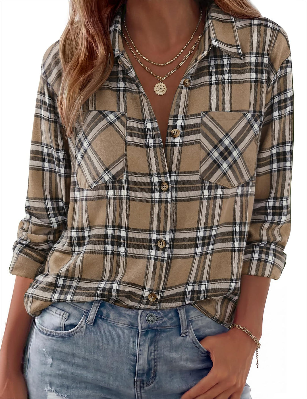 Damen Karierte Oversize-Hemdjacke aus Flanell mit Brusttaschen Nord Taschen