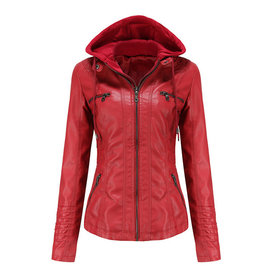 Damen Taillierte Kunstlederjacke mit abnehmbarer Kapuze und Reißverschluss Nord Taschen