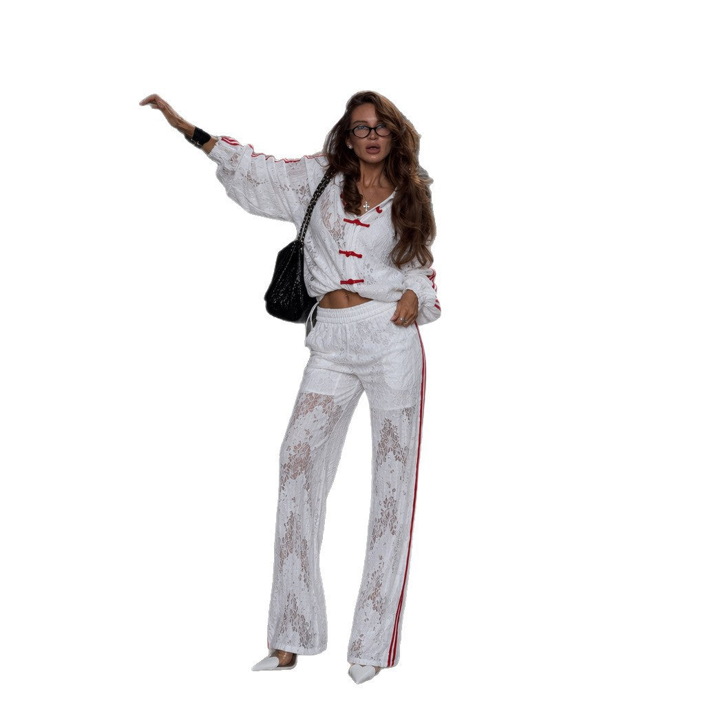 Damen zweiteiliges Spitzen-Lounge-Set mit verkürzter Kapuzenjacke, Kordelzughose und seitlichen Kontraststreifen Nord Taschen