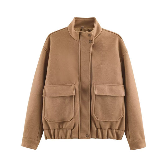 Damen Wollmix-Blousonjacke mit Stehkragen, großen Klappentaschen und elastischem Saum Nord Taschen