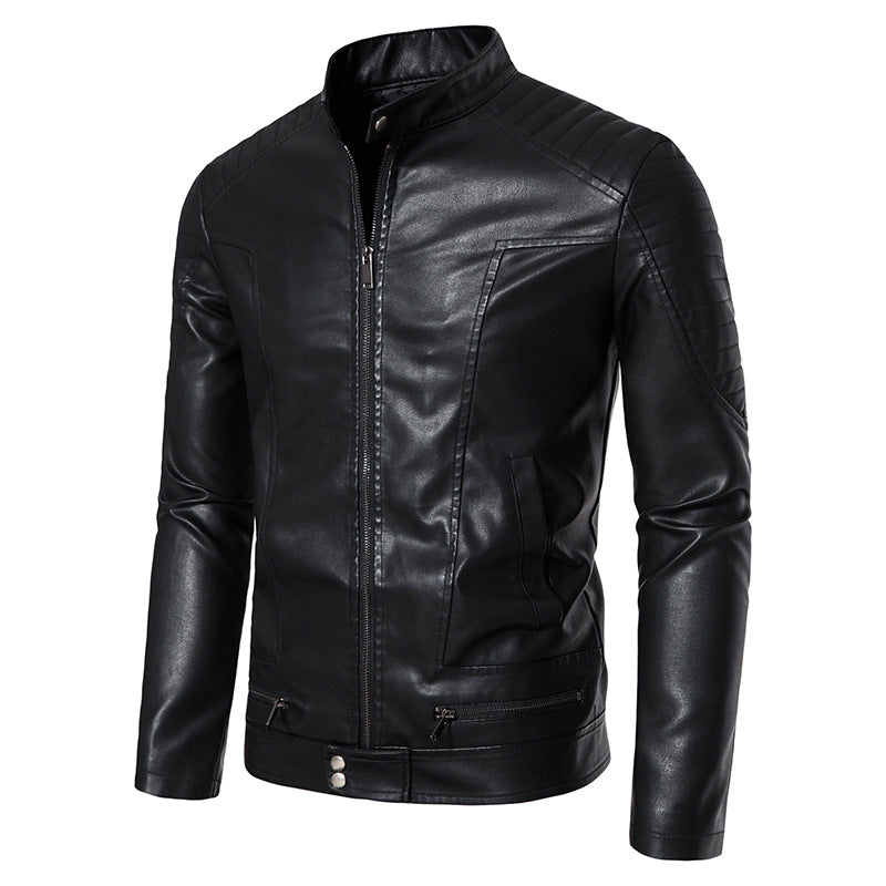 Herren Schmale Biker‑Blouson Kunstlederjacke mit Stehkragen, Ziersteppungen und Reißverschlusstaschen Nord Taschen
