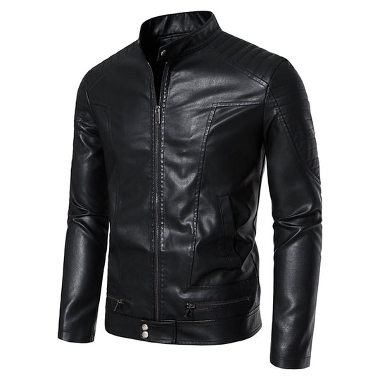 Herren Schmale Biker‑Blouson Kunstlederjacke mit Stehkragen, Ziersteppungen und Reißverschlusstaschen Nord Taschen