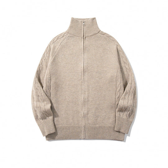 Unisex Boxy-Zip-Strickjacke mit Stehkragen, Zopfmusterärmeln und gerippten Abschlüssen Nord Taschen