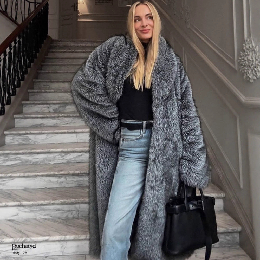 Damen Oversize langer Kunstpelz-Mantel mit voluminösen Ärmeln Nord Taschen