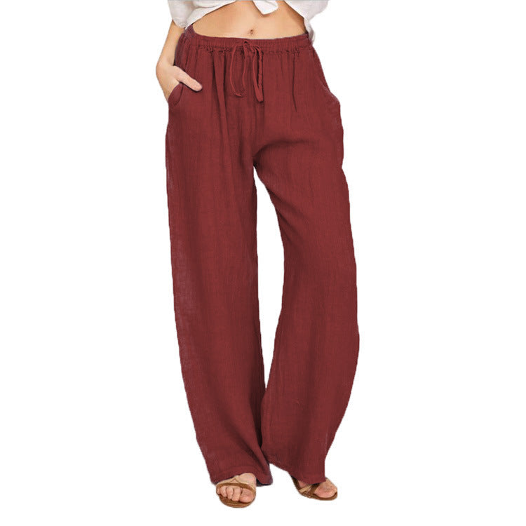 Damen Sommerliche Leinen-Palazzohose mit elastischem Bund, Seitentaschen und weitem Bein Nord Taschen
