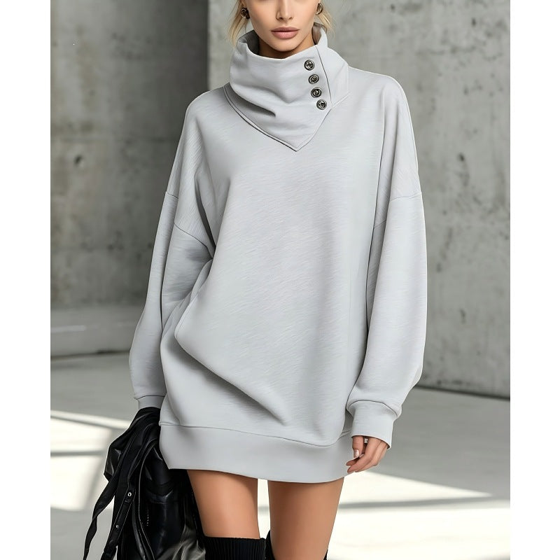 Damen Oversize Sweatshirtkleid mit hohem Knopfkragen Nord Taschen