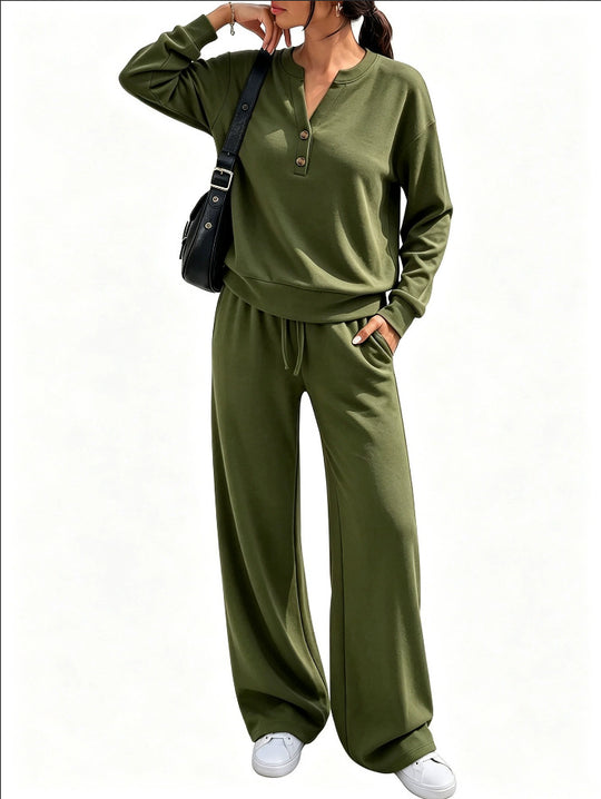 Damen Lounge-Set mit Henley-Kragen und palazzoweiter Jogginghose Nord Taschen
