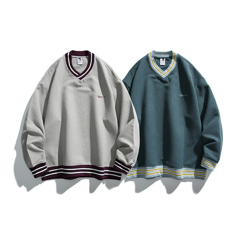 Herren Oversized V-Ausschnitt Sweatshirt mit Kontraststreifen an Bündchen und Saum Nord Taschen