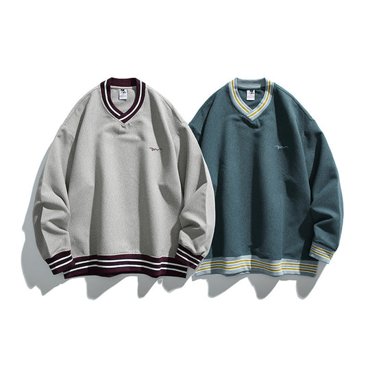 Herren Oversized V-Ausschnitt Sweatshirt mit Kontraststreifen an Bündchen und Saum Nord Taschen