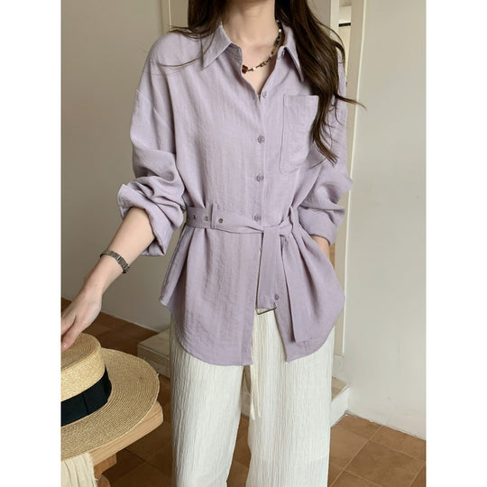 Damen Weit geschnittene Leinen‑Hemdbluse mit Taillengürtel und Brusttasche Nord Taschen
