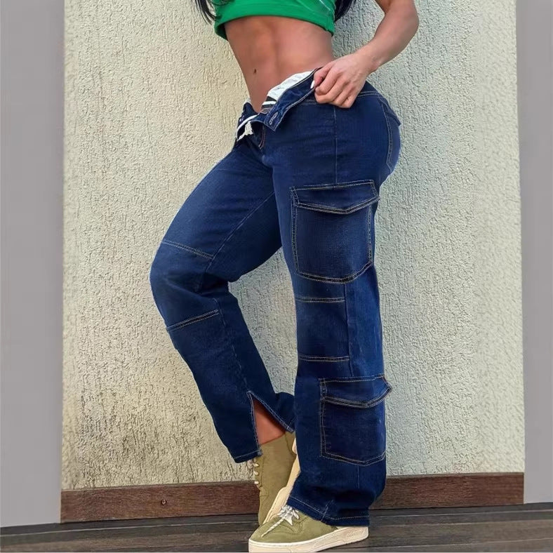 Damen Utility-Cargo-Denimhose mit tiefem Bund, Paneelnähten und funktionalen Taschen Nord Taschen