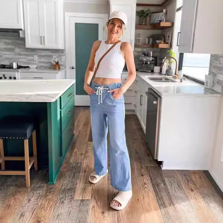 Damen hochgeschnittene Weitbein-Jeans mit Kordelbund und lässiger Culotte-Silhouette Nord Taschen