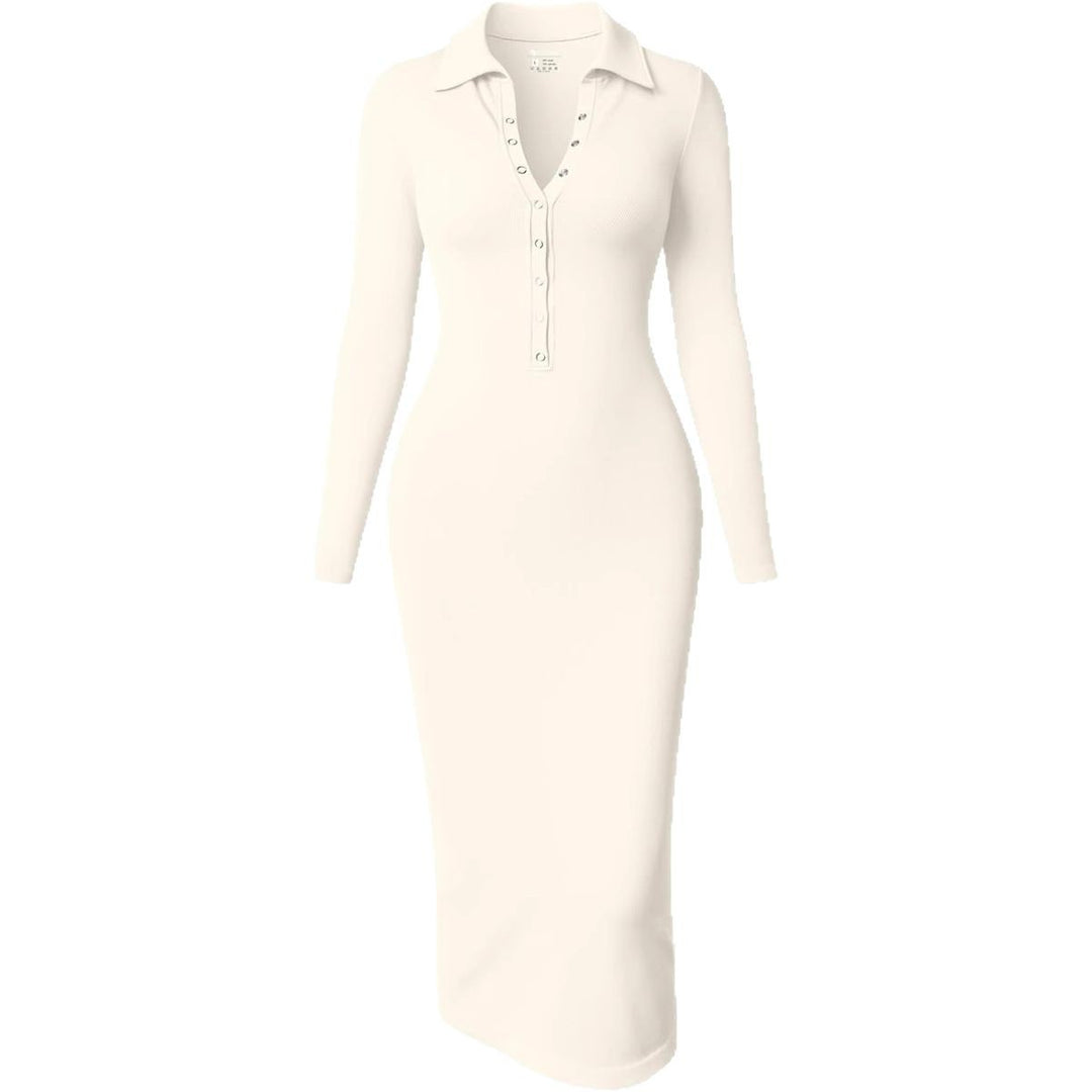 Damen Figurbetontes Midikleid mit Polokragen und Druckknopfleiste Nord Taschen