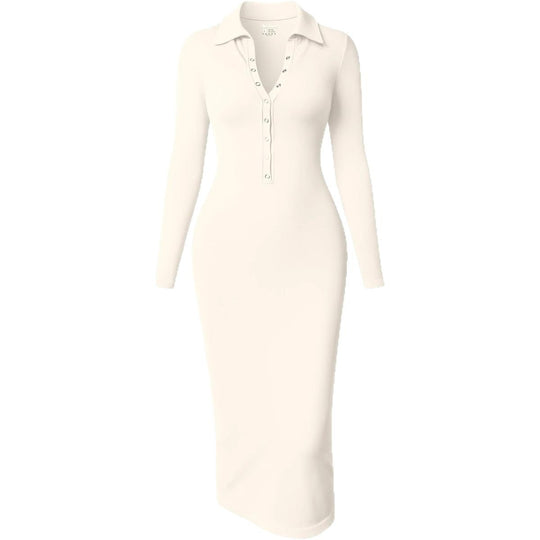 Damen Figurbetontes Midikleid mit Polokragen und Druckknopfleiste Nord Taschen