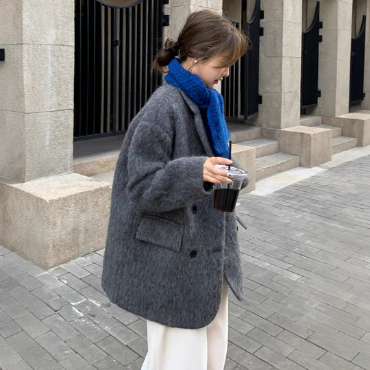 Damen Grobgestrickter Wollmix-Longmantel mit Oversize‑Silhouette und doppelreihiger Knopfleiste Nord Taschen